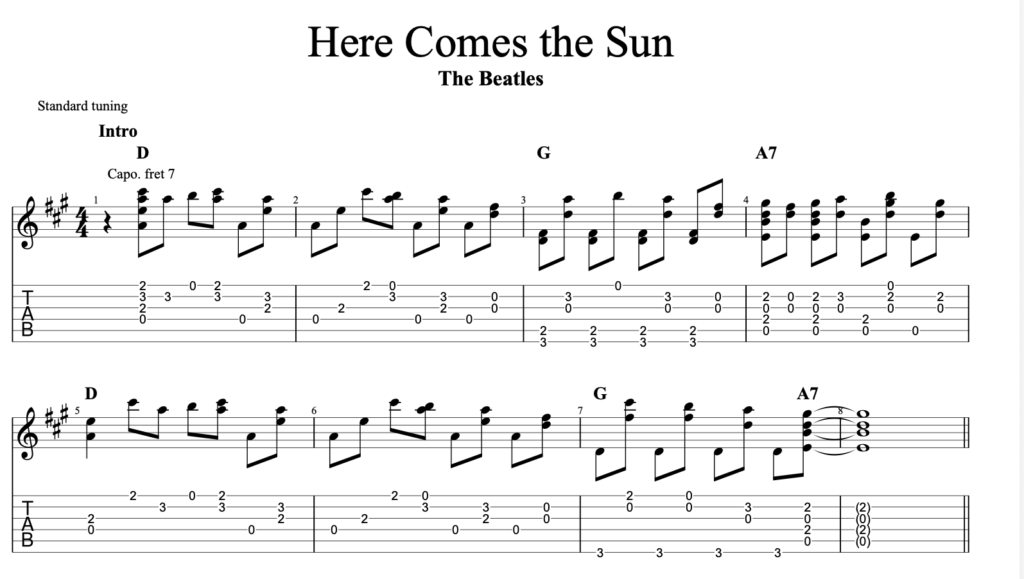 Here Comes the SunギターTAB譜【イントロ】The Beatles